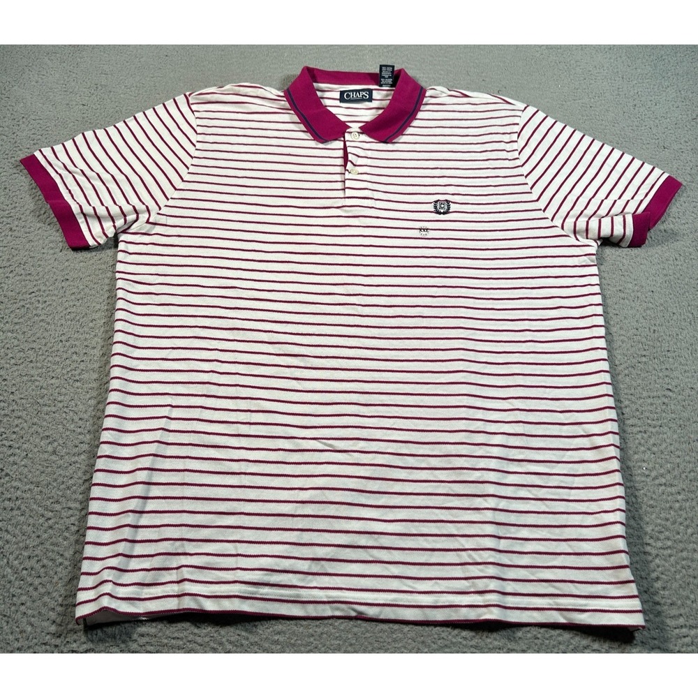 Chaps Polo Shirt Mens 2XL White Pink Striped Embroidered Logo‎ Golf Training